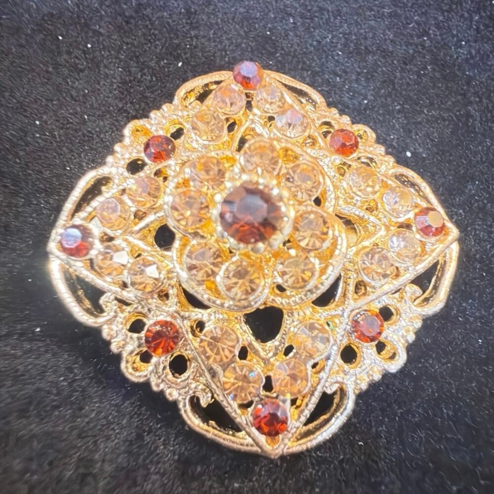 Vintage Gold-Tone Red & Champagne Rhinestone Brooch Dimensional Floral Statement